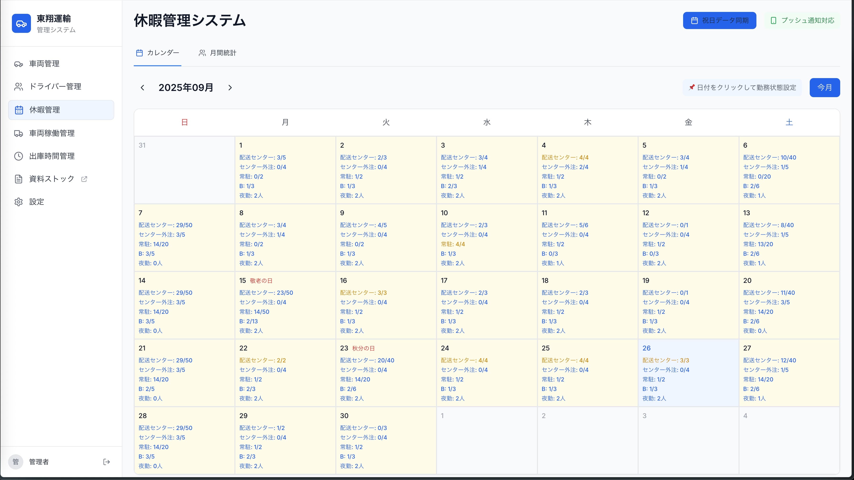 休暇・勤務管理機能の管理画面