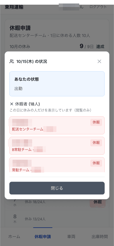 ドライバーの画面：その日の休みの人