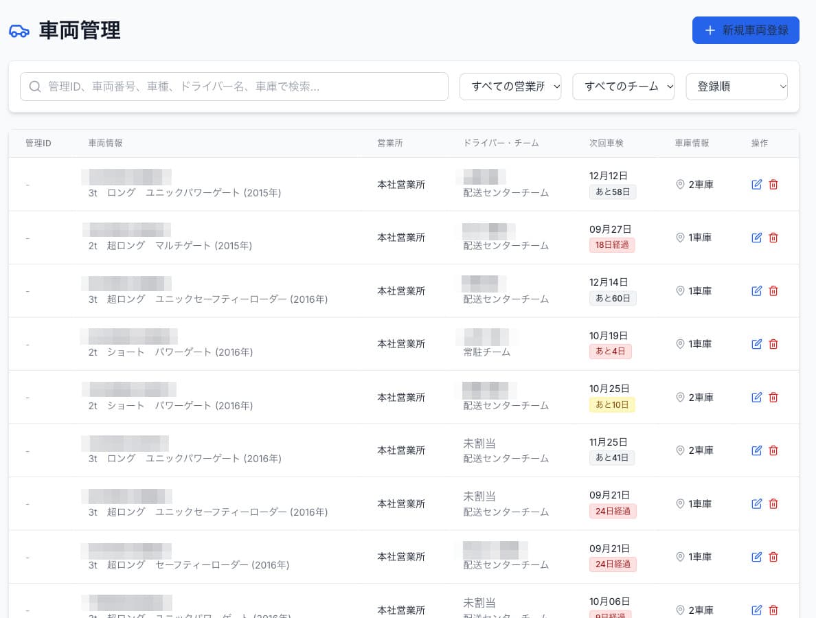 点検・車検の管理の画面