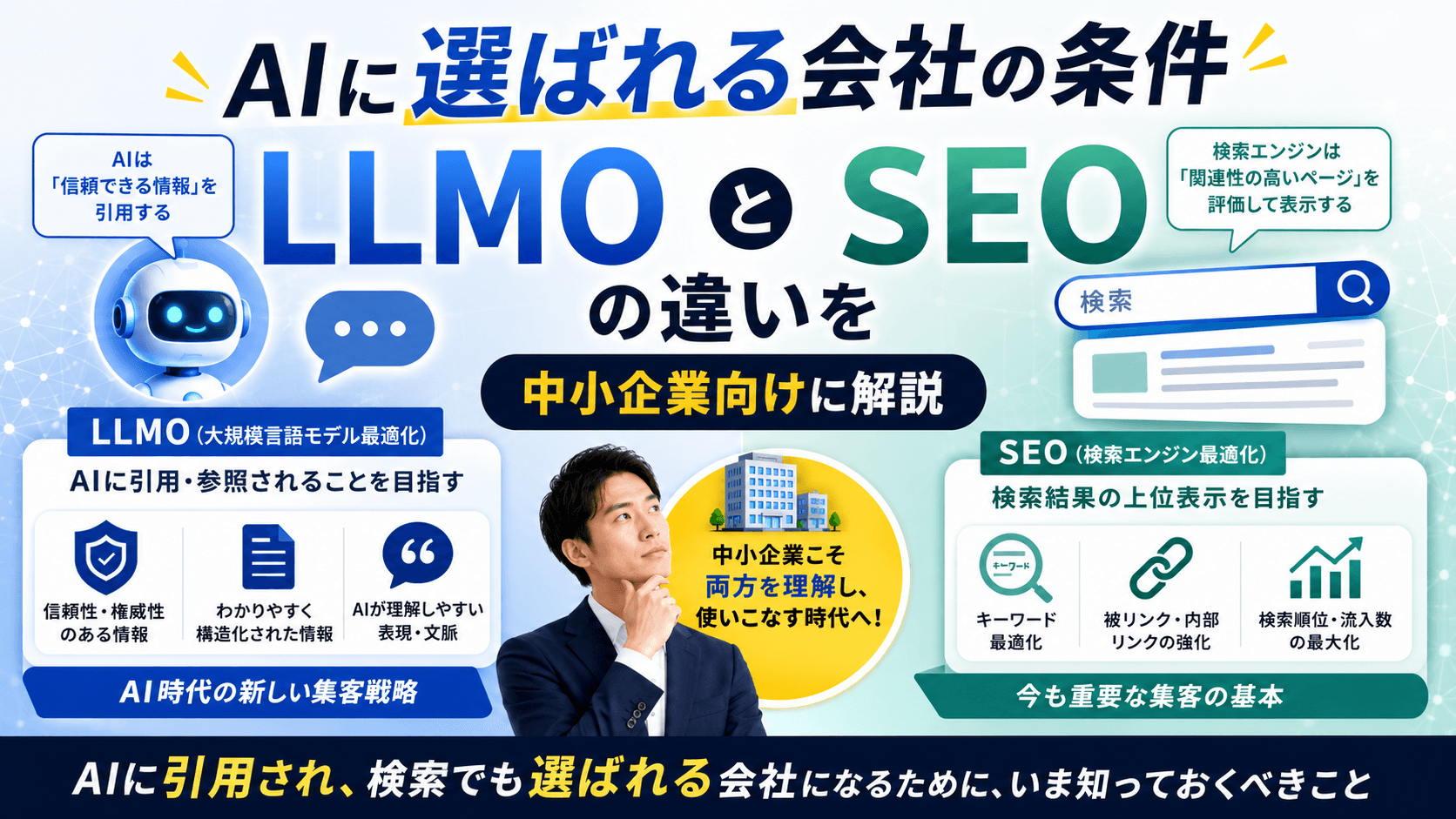 AIに選ばれる会社の条件|LLMOとSEOの違いを中小企業向けに解説