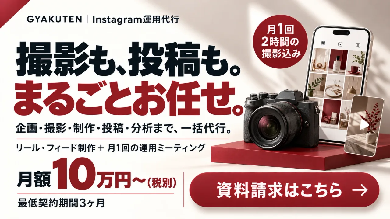 GYAKUTEN Instagram運用代行：撮影も、投稿も。まるごとお任せ。企画・撮影・制作・投稿・分析まで一括代行。月額10万円〜（税別）。資料請求はこちら